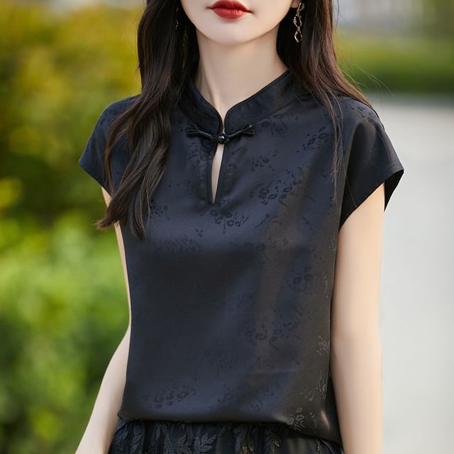 Cap-Sleeve Stand Collar Floral Jacquard Frog Buttoned Satin Blouse