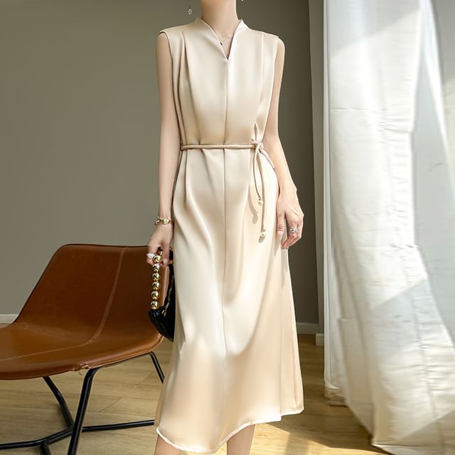 Sleeveless V-Neck Plain Tie Waist Satin Midi A-Line Dress