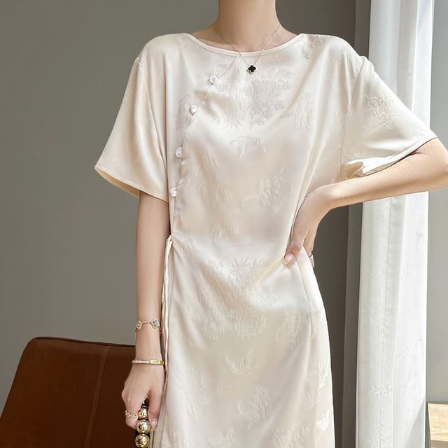 Elbow-Sleeve Crew Neck Floral Jacquard Satin Midi A-Line Dress