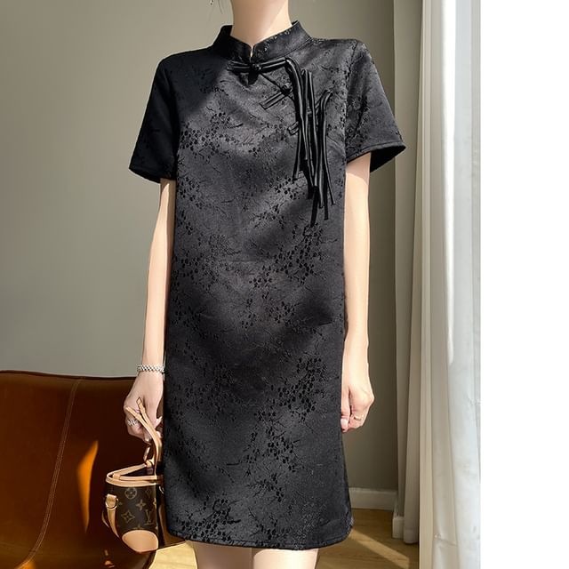 Short-Sleeve Stand Collar Floral Jacquard Frog Buttoned Satin Shift Dress