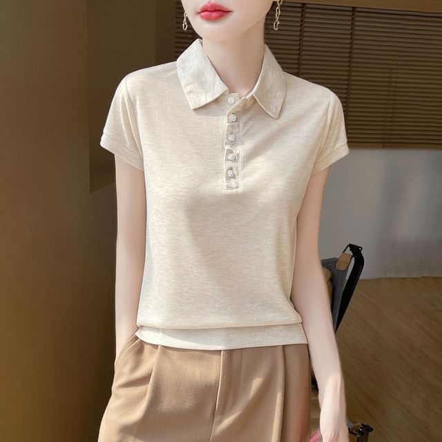 Short-Sleeve Collared Plain Sheer T-Shirt