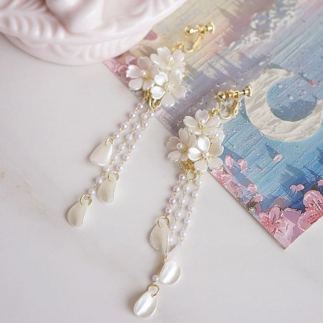 Clip-On / Earring Faux Flower Drop 925 Pearl Sterling Silver