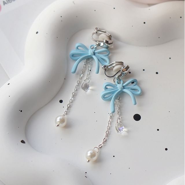 Sterling Clip-On Earring / Faux Drop Bow Silver Pearl 925