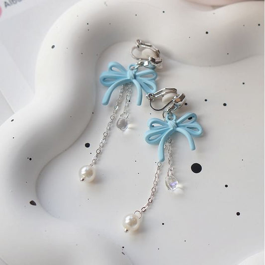 Sterling Clip-On Earring / Faux Drop Bow Silver Pearl 925