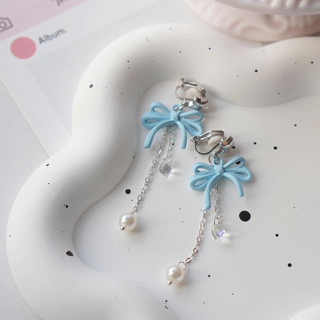 Sterling Clip-On Earring / Faux Drop Bow Silver Pearl 925