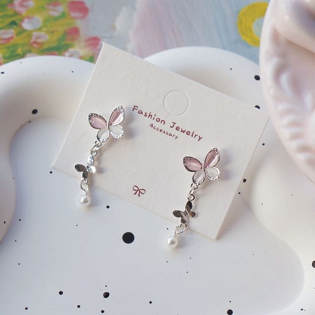 Sterling Pearl Clip-On Earring Silver / Faux Butterfly Drop 925