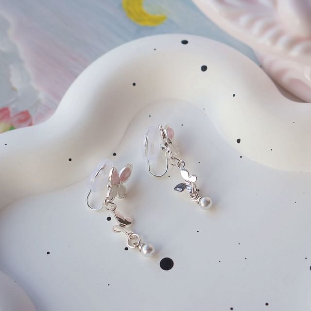 Sterling Pearl Clip-On Earring Silver / Faux Butterfly Drop 925