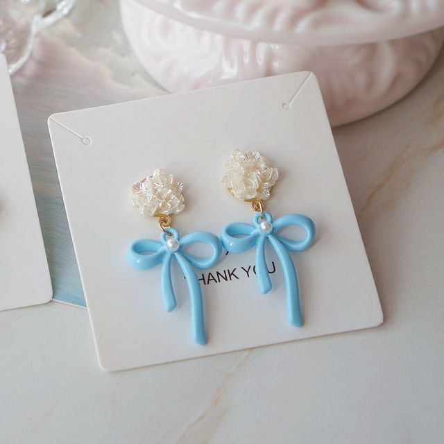 Bow 925 Flower Silver Earring Sterling Drop Clip-On /