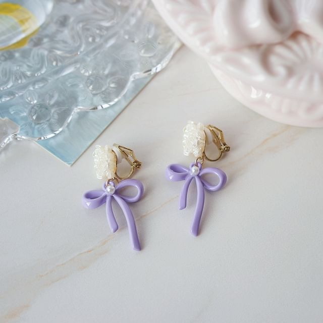 Bow 925 Flower Silver Earring Sterling Drop Clip-On /