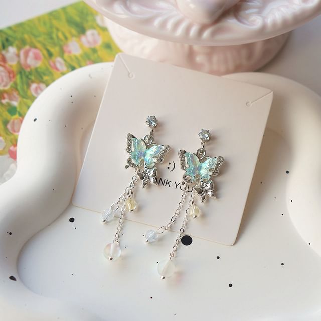 Bead Earring / Clip-On Sterling Drop Butterfly 925 Silver