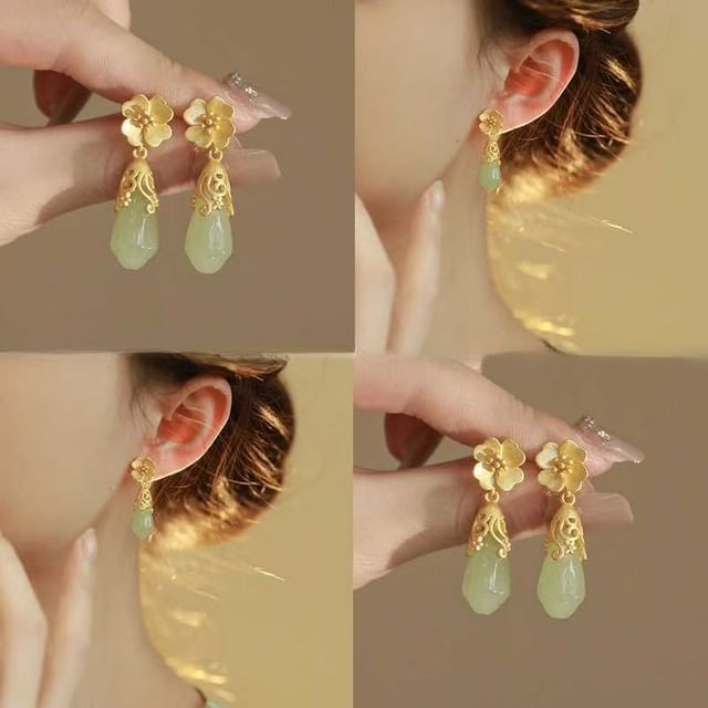 Gemstone Alloy Faux Drop Floral Earring