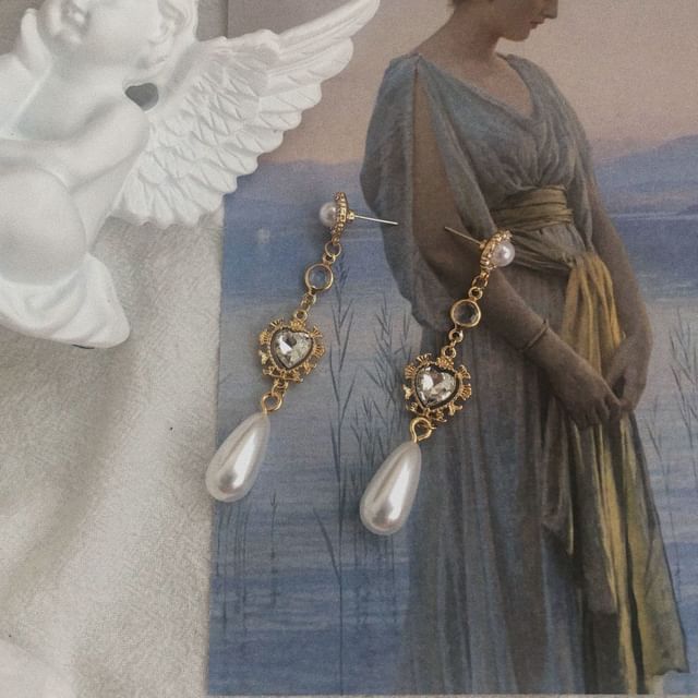 Earring Dangle Faux Pearl Rhinestone Heart Alloy