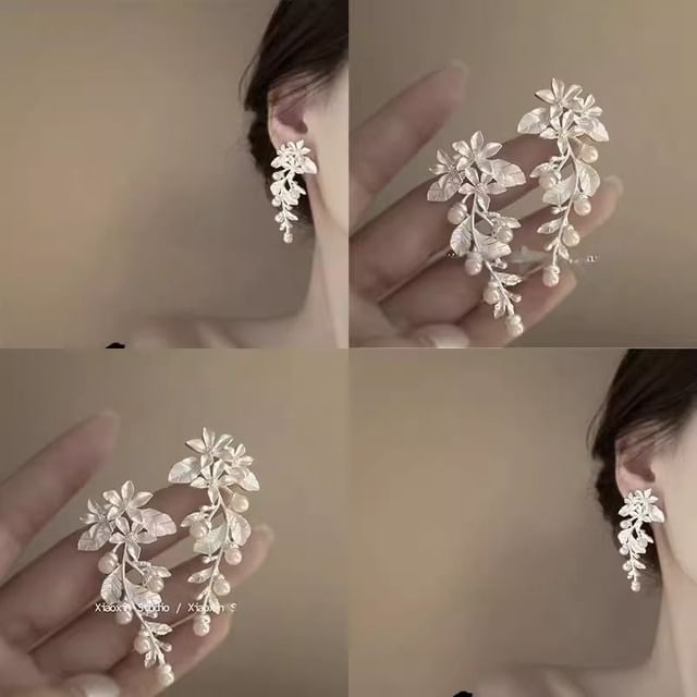 Alloy Floral Earring Pearl Dangle Faux