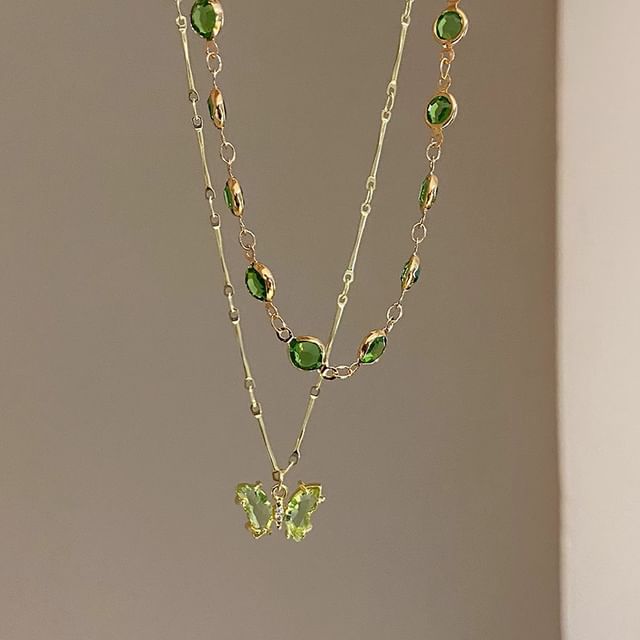 Station Layered Rhinestone Necklace Butterfly