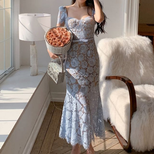 Short Sleeve Sweetheart Neck Bow Lace Overlay Midi Mermaid Dress