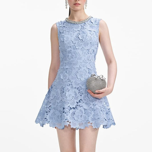 Sleeveless Round Neck Plain Rhinestone Lace Mini A-Line Dress