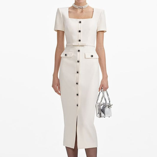 Short Sleeve Square Neck Plain Bow Slit Button Midi Sheath Dress