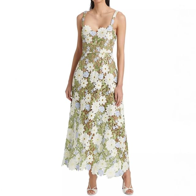 Spaghetti Strap Floral Lace Maxi A-Line Dress