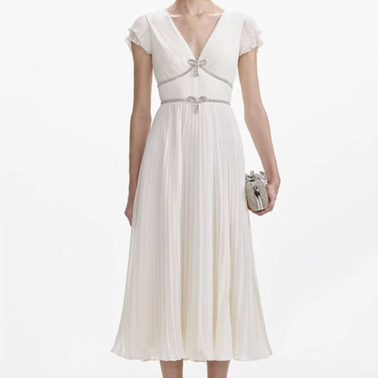 Cap Sleeve V-Neck Bow Pleated Panel Midi A-Line Dress