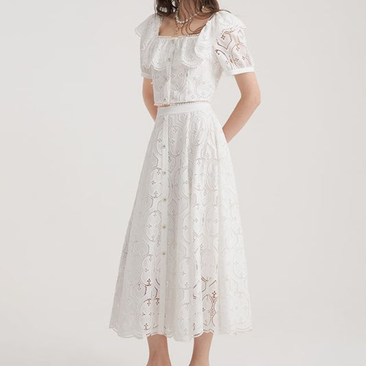 Set: Short Sleeve Square Neck Plain Ruffle Lace Blouse + High Rise Button Midi A-Line Skirt