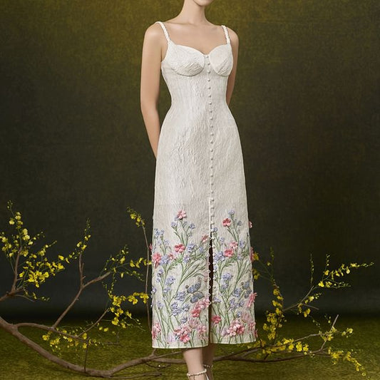 Spaghetti Strap Sweetheart Neck Floral Print Applique Button Slit Jacquard Maxi A-Line Dress