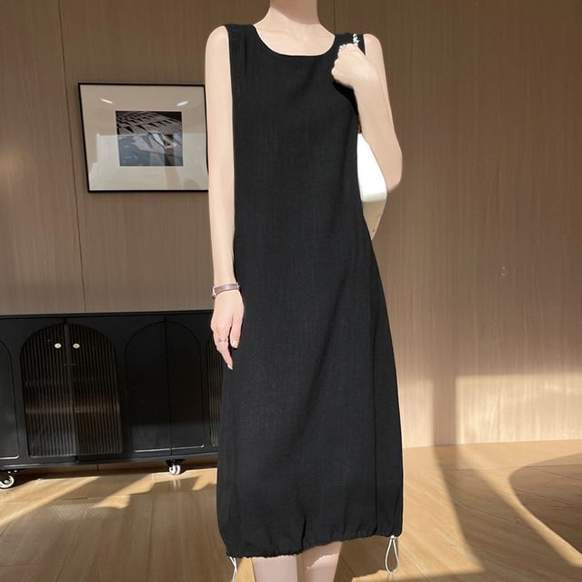Sleeveless Round Neck Plain Drawstring Midi A-Line Dress