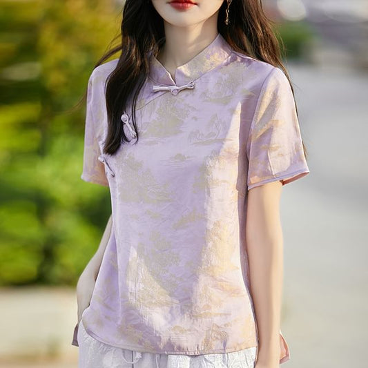 Short Sleeve Mandarin Collar Jacquard Top