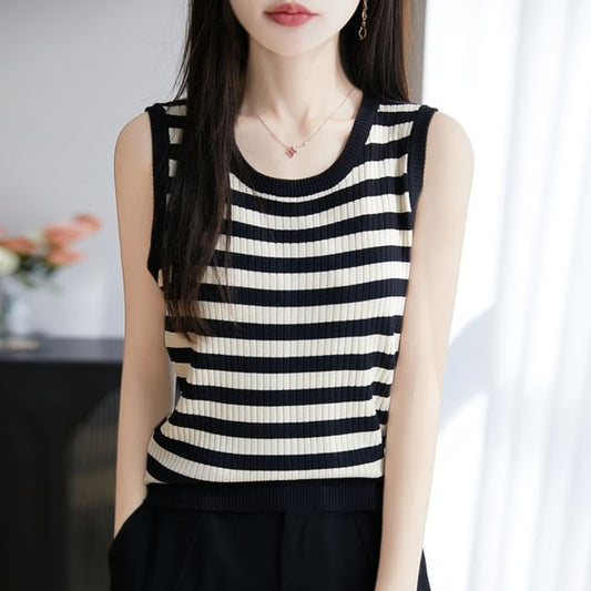Round Neck Striped Ribbed Knit Tank Top