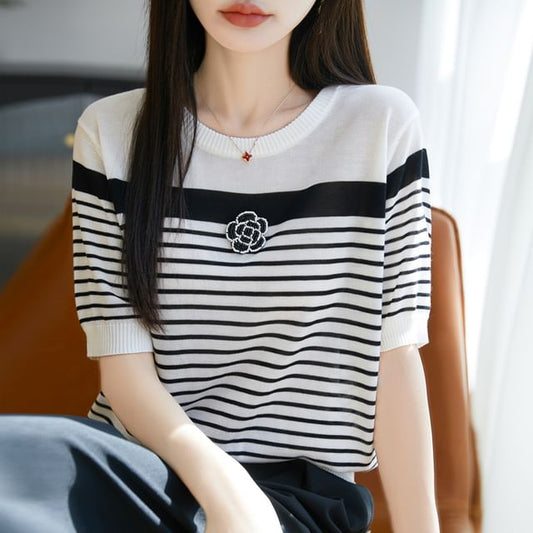 Short Sleeve Round Neck Beaded Flower Applique Striped Knit Top
