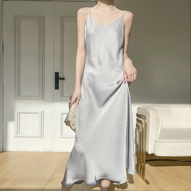 Spaghetti Strap V-Neck Plain Satin Midi A-Line Dress