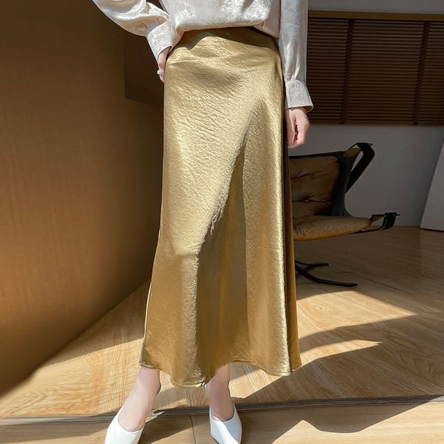 High Waist Plain Satin Maxi A-Line Skirt