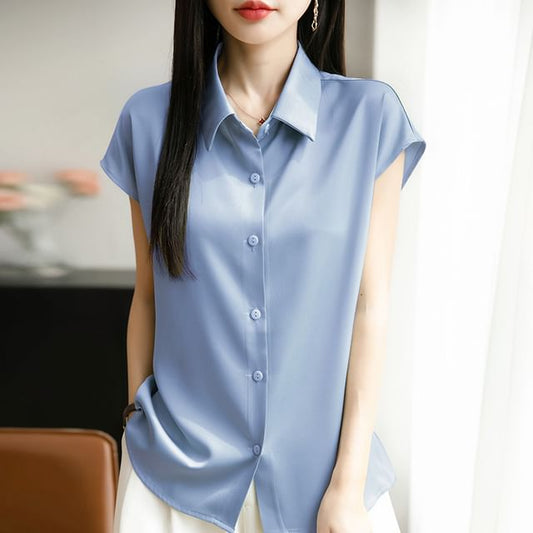 Cap Sleeve Collared Plain Satin Shirt