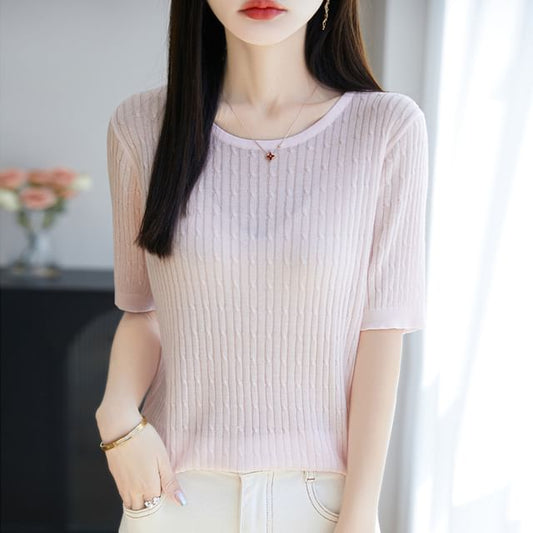 Short Sleeve Round Neck Plain Cable Knit Top