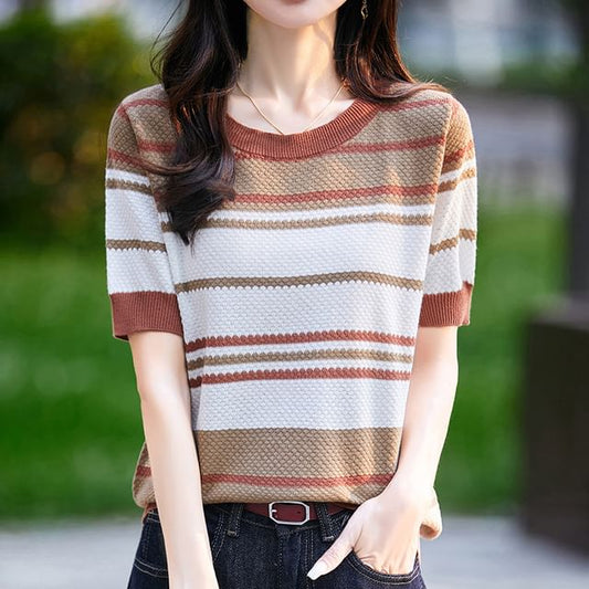 Short Sleeve Crew Neck Striped Knit Top