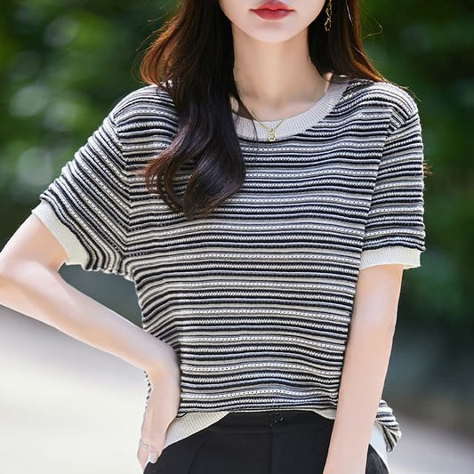 Short Sleeve Round Neck Striped Knit Top
