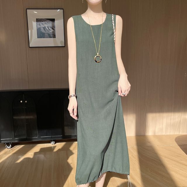 Sleeveless Round Neck Plain Drawstring Midi A-Line Dress
