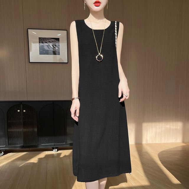 Sleeveless Round Neck Plain Drawstring Midi A-Line Dress