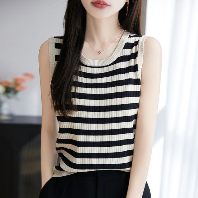 Round Neck Striped Ribbed Knit Tank Top
