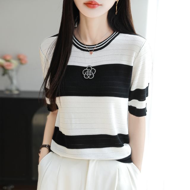 Short Sleeve Crew Neck Beaded Flower Applique Striped Knit Top