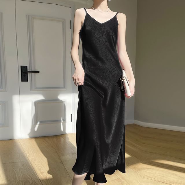 Spaghetti Strap V-Neck Plain Satin Midi A-Line Dress