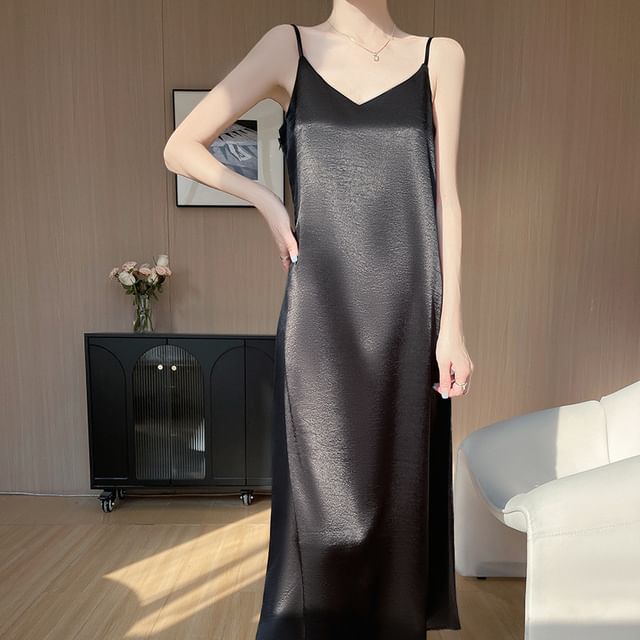 Spaghetti Strap V-Neck Plain Satin Maxi A-Line Dress