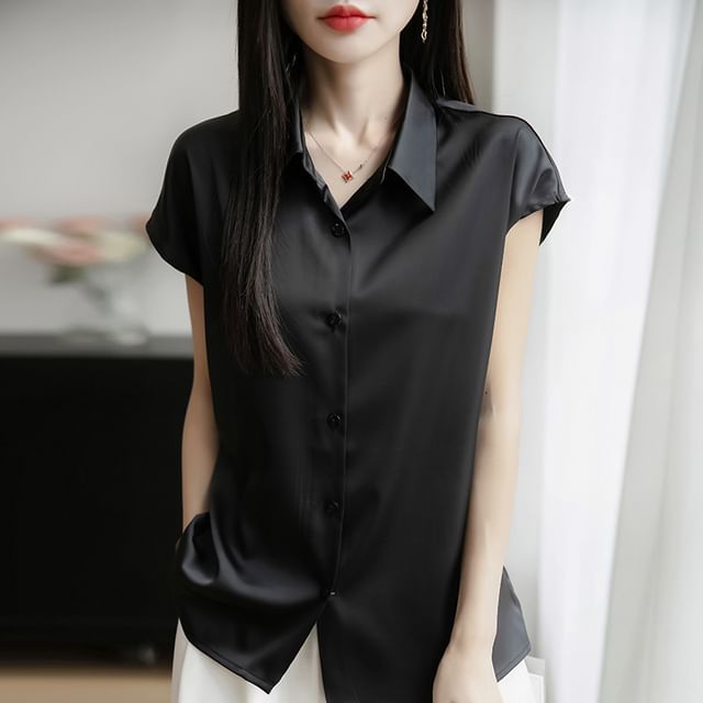 Cap Sleeve Collared Plain Satin Shirt