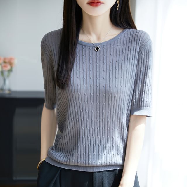 Short Sleeve Round Neck Plain Cable Knit Top