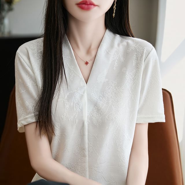 Short-Sleeve V-Neck Floral Embroidered Shirred Top