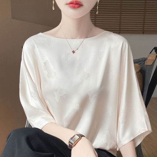 Elbow-Sleeve Boat Neck Butterfly Jacquard Satin Blouse