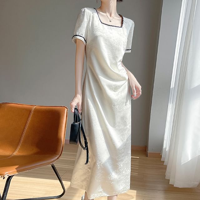 Short-Sleeve Square-Neck Floral Jacquard Satin Midi A-Line Dress