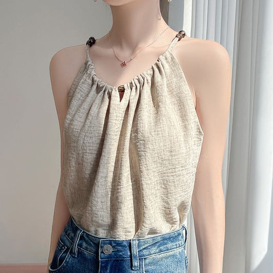 Halter-Neck Plain Bead Shirred Top