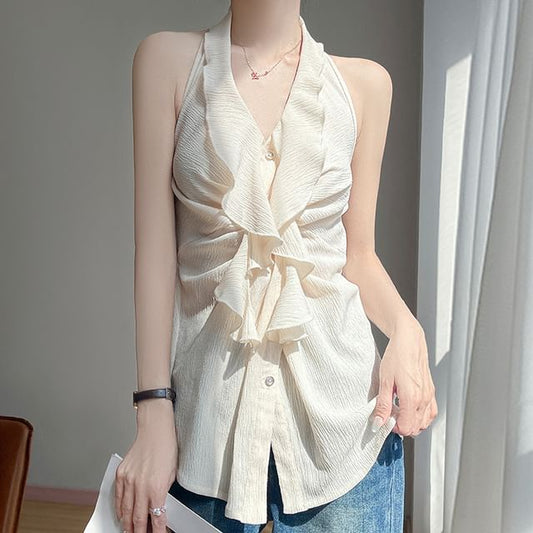 Halter-Neck Plain Ruffled Button-Up Top