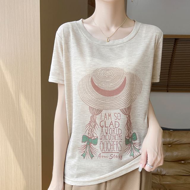 Short-Sleeve Crew Neck Cartoon Print T-Shirt