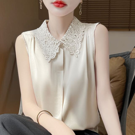 Sleeveless Lace Collar Satin Button-Up Top